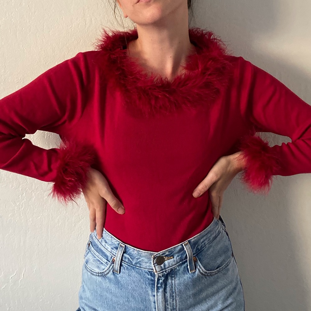 Marabou Trim Red Holiday Party Sweater